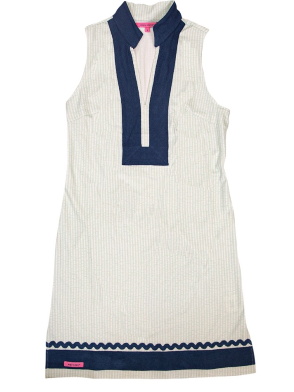 Simply Southern Light Blue & White Shift Dress with Navy Trim and Pink Logo
